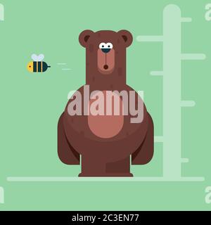 Bear and Bee flat illustration vector. Animals and Insects, wildlife vector. Stock Vector