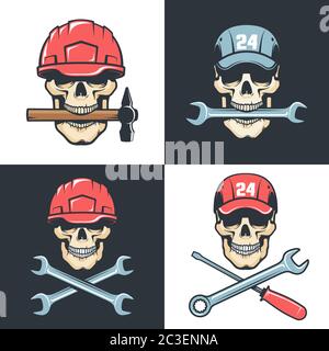 Skull Mechanic Repairman with tools - retro logo Stock Vector