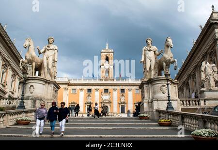 Cordonata Staircase and white Statues of Castor and Pollux in Piazza del Campidoglio (Capitoline Square) on the Capitoline Hill, Rome, Italy Stock Photo
