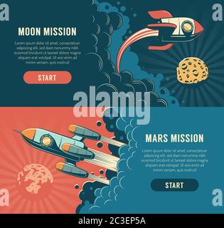Rocket launch to the moon - space flyer in retro style Stock Vector