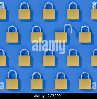 Concept Data Security Breach: A seamlessly tileable image of an array of closed padlocks with one wide open padlock and one hidden slightly open padlo Stock Photo