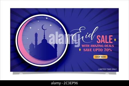 Eid sale, web header or banner design with crescent moon, and save upto 70% offers on blue background. Stock Vector