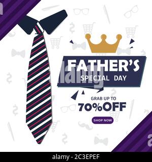 Father's special Day, shop now discount banner with a crown and a necktie illustration, vector Stock Vector