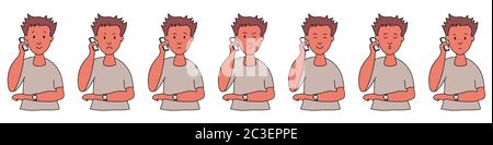 Different emotions. Ethnic man talking on the phone. Facial expressions. Joy, sadness, anger, conversation, funny, fear, smile. Vector illustration Stock Vector
