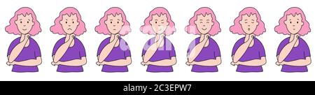 Different emotions. bright Woman and hand gestures. Facial expressions. Joy, sadness, anger, conversation, funny, fear, smile. Vector illustration Stock Vector