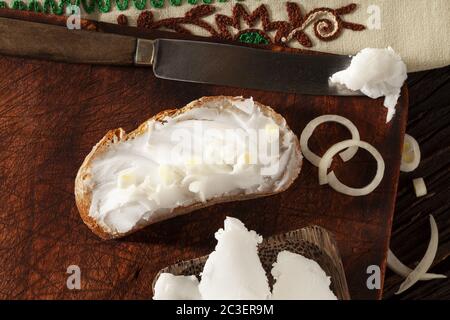 Crispy bread and homemade lard. Stock Photo