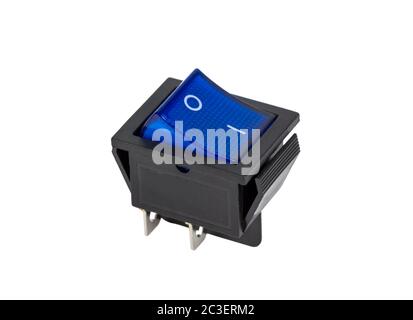 Blue power switch on white background Stock Photo
