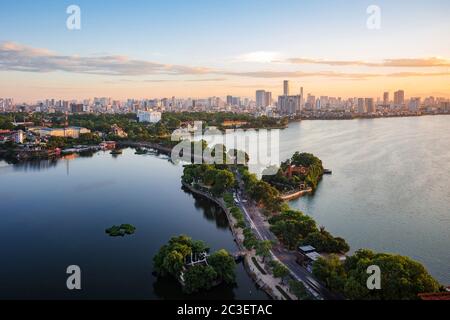 Aerial view of Hanoi skyline showing West Lake and Tay Ho District at sunset in Hanoi, Vietnam. Stock Photo