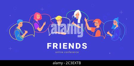 Happy teenagers on speech bubbles talking together. Flat line vector illustration of live conversation and online chat Stock Vector