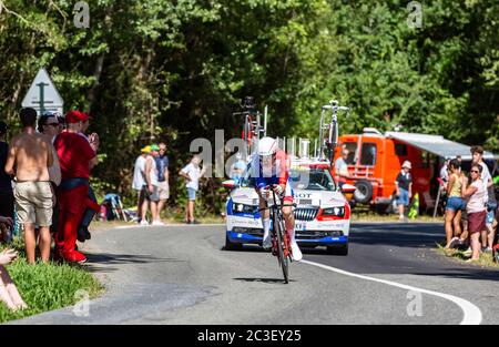 Bosdarros, France - July 19, 2019: The French cyclist David Gaudu of Team Groupama FDJ riding during stage 13, individual time trial, of Le Tour de Fr Stock Photo