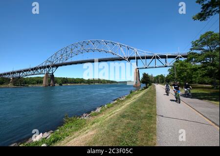 The Bourne Bridge (1935) which spans the Cape Cod Canal.  Slated for replacement. Bourne, Massachusetts, USA Stock Photo