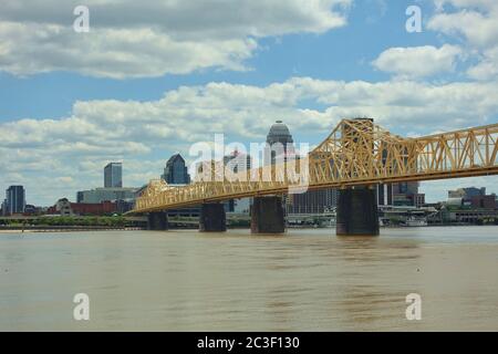 LOUISVILLE, KY -30 MAY 2020- View of the George Rogers Clark Memorial Bridge, (Second Street Bridge) over the Ohio River and the Louisville, Kentucky Stock Photo