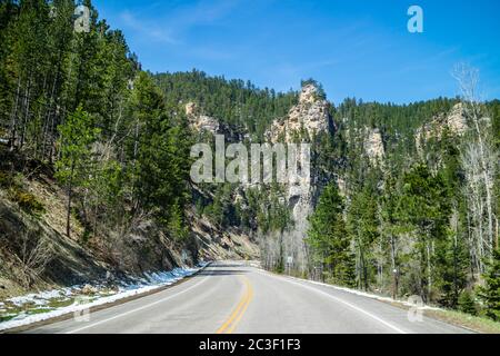 A long way down the road of Spearfish Canyon Scenic Byway, South Dakota Stock Photo