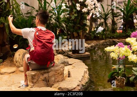 A tourist from China with a red backpack sits on a stone and takes a selfie on a background of flowers. Stock Photo