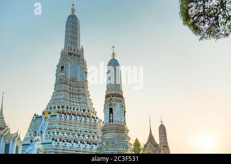 View of main prang of Wat Arun at twilight in Bangkok