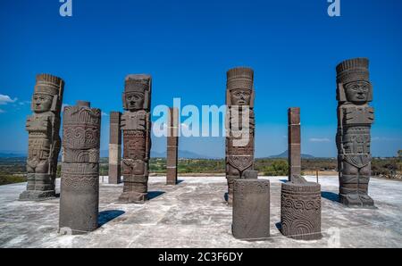 Toltec Warriors or Atlantes columns at Pyramid of Quetzalcoatl in Tula, Mexico Stock Photo