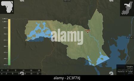 Sangha, region of Republic of Congo. Colored shader data with lakes and rivers. Shape presented against its country area with informative overlays. 3D Stock Photo