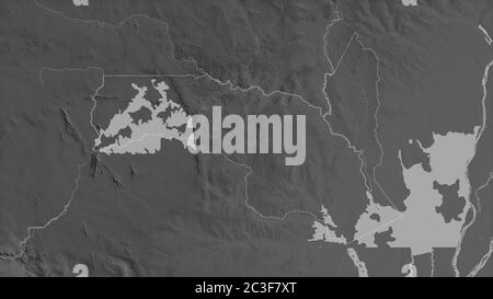 Sangha, region of Republic of Congo. Grayscaled map with lakes and rivers. Shape outlined against its country area. 3D rendering Stock Photo