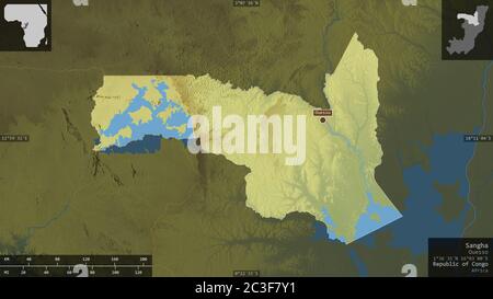 Sangha, region of Republic of Congo. Colored relief with lakes and rivers. Shape presented against its country area with informative overlays. 3D rend Stock Photo