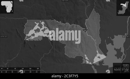 Sangha, region of Republic of Congo. Grayscaled map with lakes and rivers. Shape presented against its country area with informative overlays. 3D rend Stock Photo