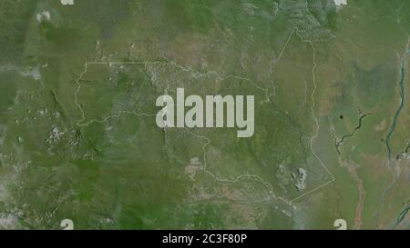 Sangha, region of Republic of Congo. Satellite imagery. Shape outlined against its country area. 3D rendering Stock Photo