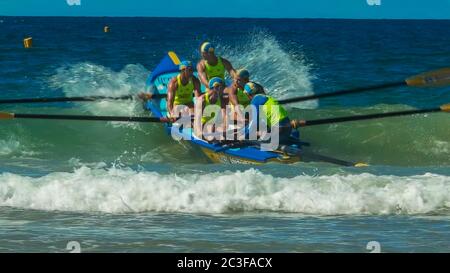 ALEXANDRA HEADLAND, QUEENSLAND, AUSTRALIA- APRIL 21, 2016: close up of a surf boat racing Stock Photo