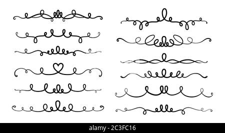Divider and curl calligraphic set. Vintage borders, swirl vignettes decorative elements, ornaments bumpers. Elegant graphics elements ink black and white drawing whorls. Isolated vector illustration Stock Vector