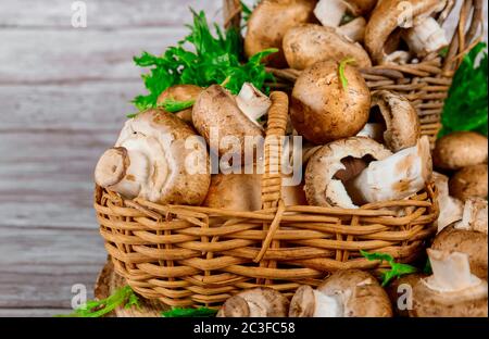 Portobello mushrooms champignons in a wicker baskets on a wooden table. Stock Photo