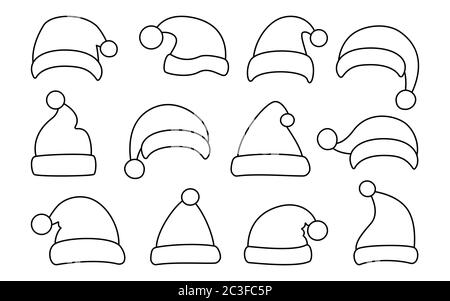 Santa Clause hat, Christmas flat line set. Xmas Santa winter hats black linear. New Year cartoon holiday traditional caps. Festive design element collection. Isolated on white vector illustration Stock Vector