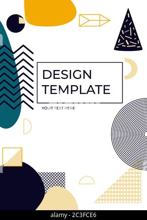 Geometric trendy memphis vertical cover closeup with space for text. Template art element and abstract shape different background. Great for magazine, pattern cover poster, banner. Vector illustration Stock Vector