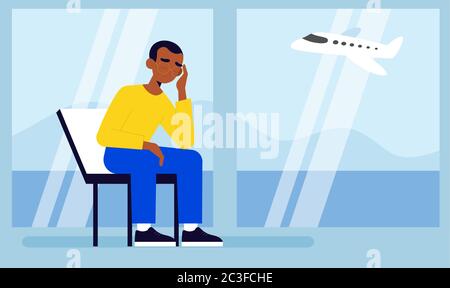 a man is sitting sad at the airport Stock Vector