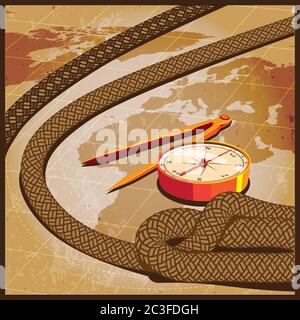 Stylized vector illustration on the theme of travel, adventure, explorers, treasure, etc. map, compass, rope, navigational equipment Stock Vector