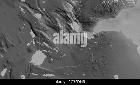 Dikhil, region of Djibouti. Grayscaled map with lakes and rivers. Shape outlined against its country area. 3D rendering Stock Photo