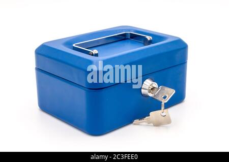 Blue safe close with a key on a white background Stock Photo