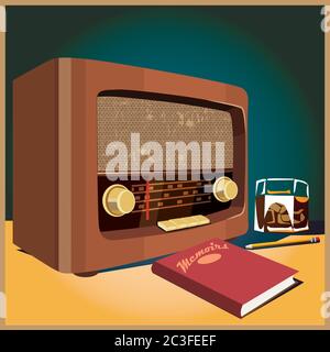 Stylized vector illustration on a retro theme. old radio, a glass of whiskey and a book. Stock Vector