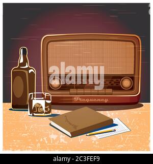 Stylized vector illustration on a retro theme. old radio, a glass of whiskey and a book. Stock Vector