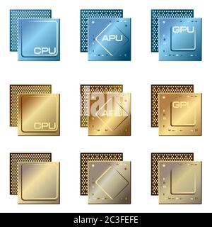 stylized vector collection of different types of microprocessors. Graphics Processing Unit, Central Processing unit and Accelerated Processing Unit Stock Vector