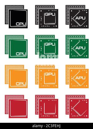 stylized vector collection of different types of microprocessors. Graphics Processing Unit, Central Processing unit and Accelerated Processing Unit Stock Vector