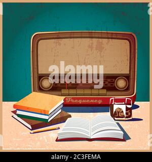 Stylized vector illustration on a retro theme. old radio, a glass of whiskey and a book. Stock Vector