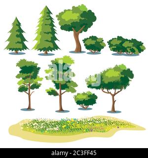 set of stylized vector plants. shrubs, trees and fields with grass and blooming flowers Stock Vector