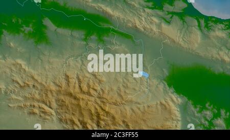 Santiago, province of Dominican Republic. Colored shader data with lakes and rivers. Shape outlined against its country area. 3D rendering Stock Photo