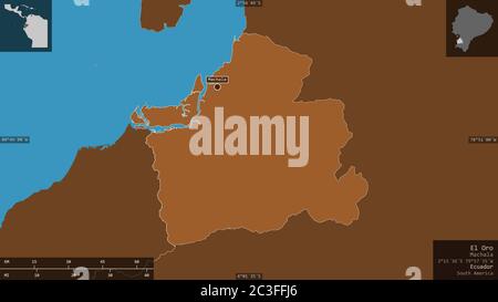 El Oro, province of Ecuador. Patterned solids with lakes and rivers. Shape presented against its country area with informative overlays. 3D rendering Stock Photo