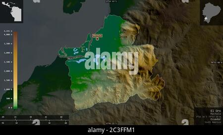 El Oro, province of Ecuador. Colored shader data with lakes and rivers. Shape presented against its country area with informative overlays. 3D renderi Stock Photo