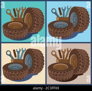 stylized vector composition on the theme of garages and tire Stock Vector