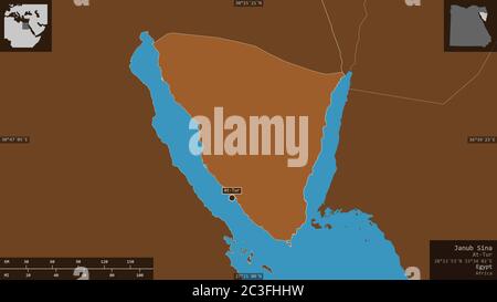 Janub Sina, governorate of Egypt. Patterned solids with lakes and rivers. Shape presented against its country area with informative overlays. 3D rende Stock Photo