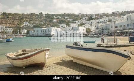 two fishing boats on the beach in the town of chora, mykonos Stock Photo