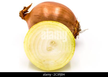 Fresh yellow onion cut in half and whole isolated on white background Stock Photo