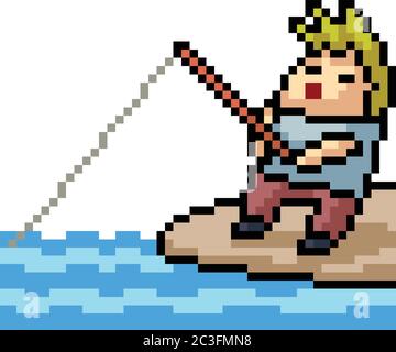 vector pixel art man fishing isolated cartoon Stock Vector