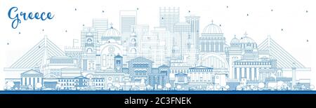 Outline Welcome to Greece City Skyline with Blue Buildings. Vector Illustration. Concept with Historic Architecture. Greece Cityscape with Landmarks. Stock Vector