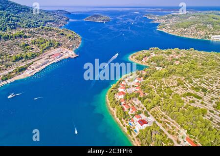 Korcula island. Bay entrance of Vela Luka aerial view, Stock Photo